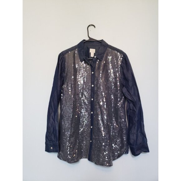 Chicos 2 Womens L Blouse Button Front All Over Sequins Chambray Long Sleeve - Picture 1 of 6